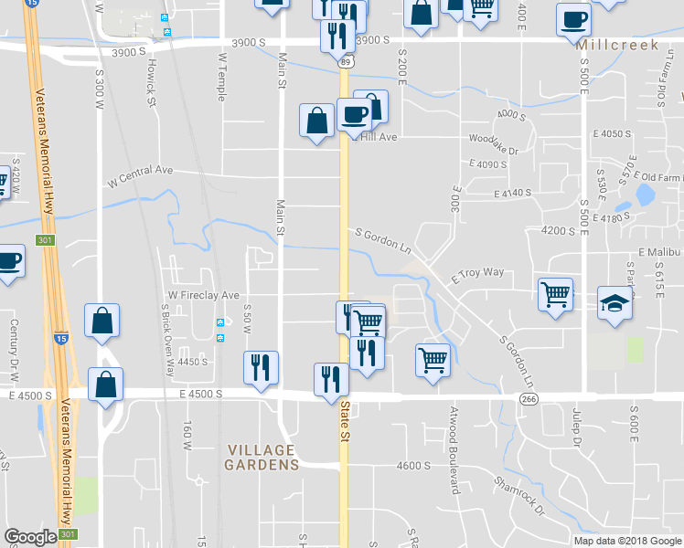 map of restaurants, bars, coffee shops, grocery stores, and more near 4258 South State Street in Millcreek
