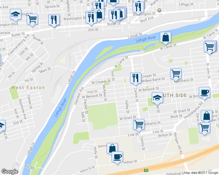 map of restaurants, bars, coffee shops, grocery stores, and more near 922 West Wilkes Barre Street in Easton