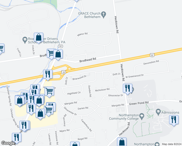 map of restaurants, bars, coffee shops, grocery stores, and more near 1004 Briarwood Drive in Bethlehem