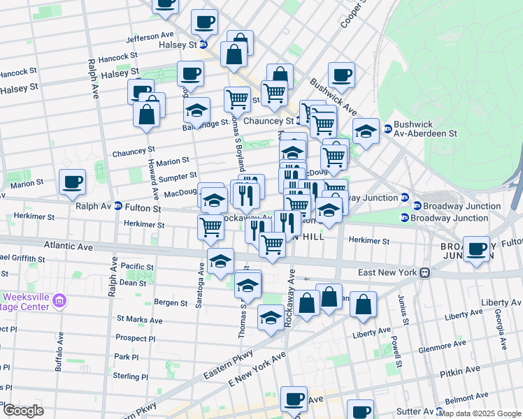 map of restaurants, bars, coffee shops, grocery stores, and more near 27 Somers Street in Brooklyn