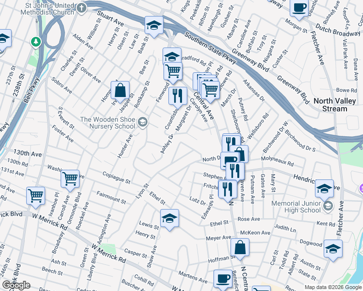 map of restaurants, bars, coffee shops, grocery stores, and more near 54 Blossom Row in Valley Stream