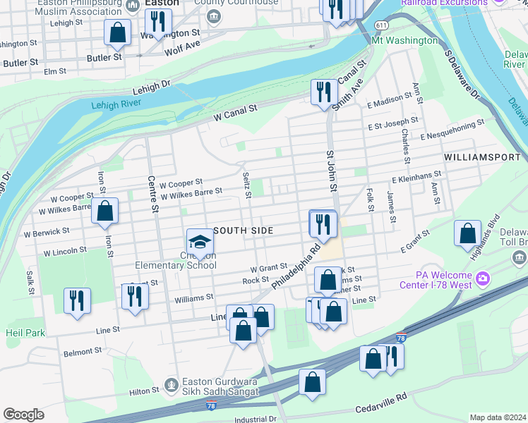 map of restaurants, bars, coffee shops, grocery stores, and more near 378 West Berwick Street in Easton