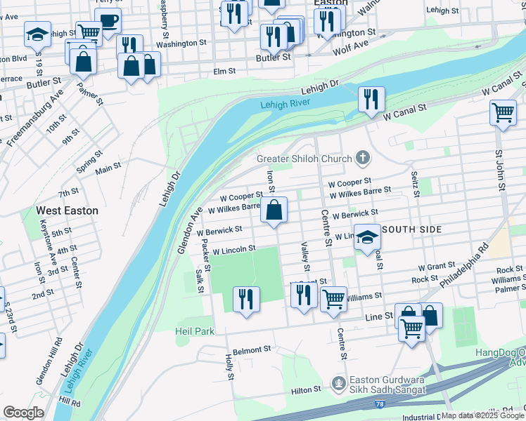 map of restaurants, bars, coffee shops, grocery stores, and more near 922 West Wilkes Barre Street in Easton