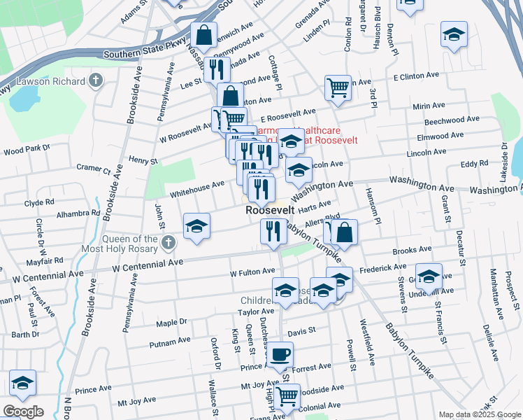 map of restaurants, bars, coffee shops, grocery stores, and more near 10 Gilbert Place in Roosevelt