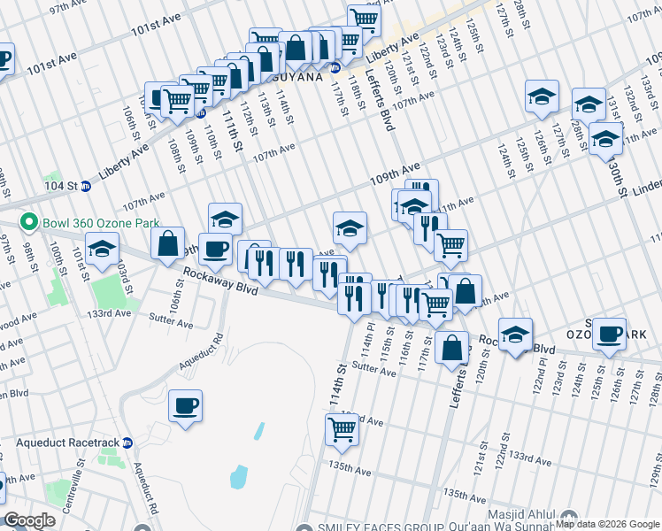 map of restaurants, bars, coffee shops, grocery stores, and more near 111-28 114th Street in Queens
