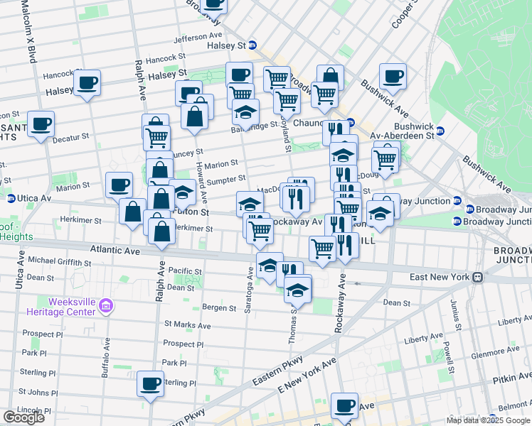 map of restaurants, bars, coffee shops, grocery stores, and more near 1979 Fulton Street in Brooklyn