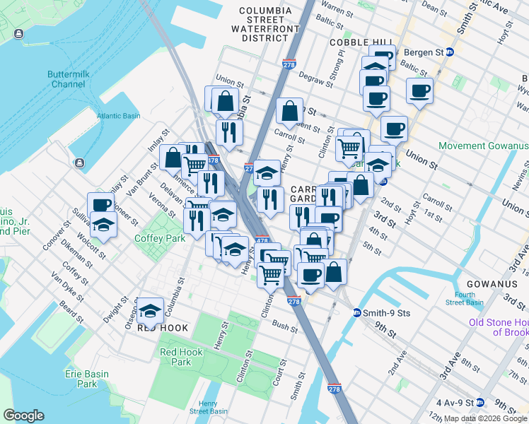 map of restaurants, bars, coffee shops, grocery stores, and more near in Brooklyn