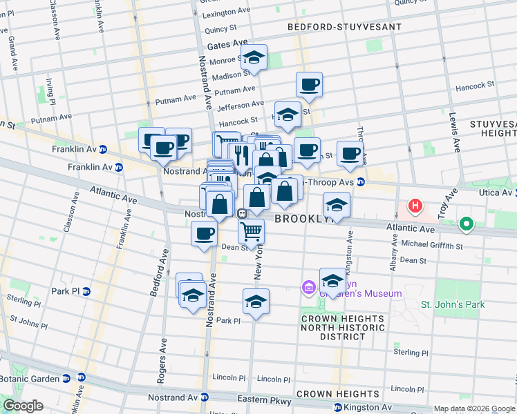 map of restaurants, bars, coffee shops, grocery stores, and more near 46 New York Avenue in Brooklyn