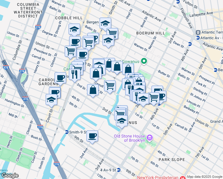 map of restaurants, bars, coffee shops, grocery stores, and more near 347 Bond Street in Brooklyn