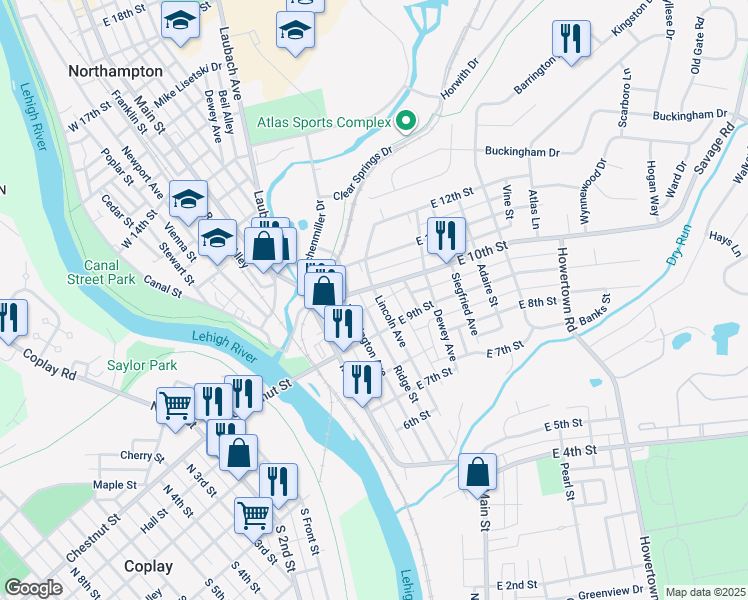map of restaurants, bars, coffee shops, grocery stores, and more near 944 Lincoln Avenue in Northampton
