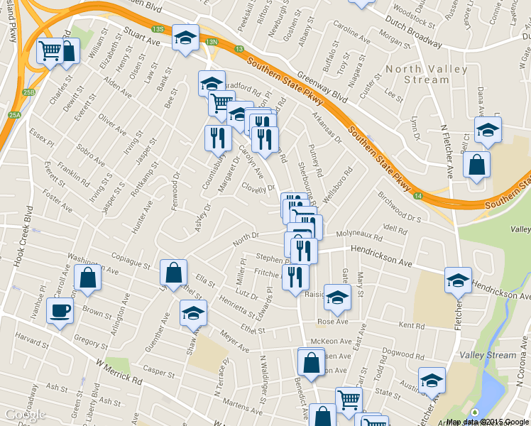map of restaurants, bars, coffee shops, grocery stores, and more near 38 North Central Avenue in North Valley Stream