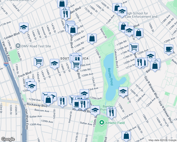 map of restaurants, bars, coffee shops, grocery stores, and more near 150-49 120th Avenue in Queens
