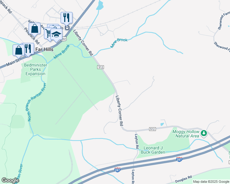 map of restaurants, bars, coffee shops, grocery stores, and more near 132 Liberty Corner Road in Far Hills