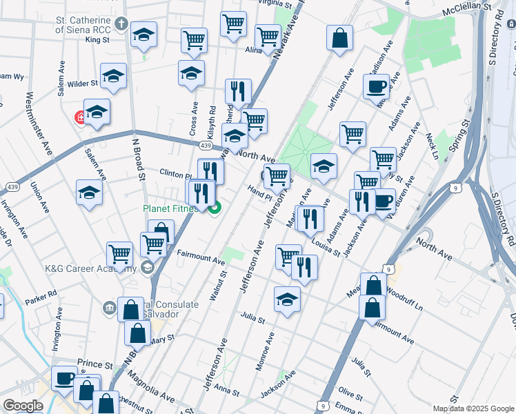 map of restaurants, bars, coffee shops, grocery stores, and more near 1138 Louisa Street in Elizabeth