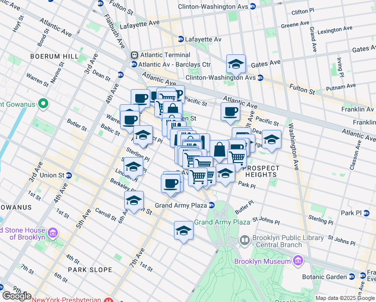 map of restaurants, bars, coffee shops, grocery stores, and more near 115 Prospect Place in Brooklyn
