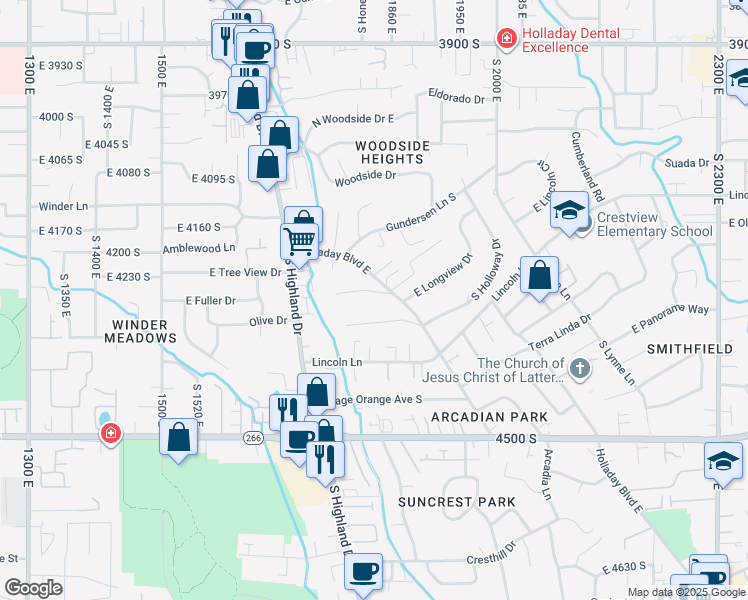 map of restaurants, bars, coffee shops, grocery stores, and more near 1840 Grover Lane South in Holladay