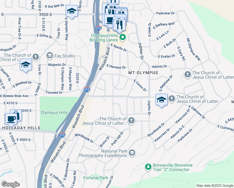 map of restaurants, bars, coffee shops, grocery stores, and more near 3541 East Oakview Drive in Salt Lake City