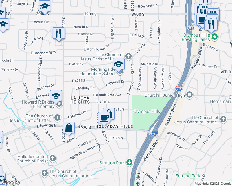 map of restaurants, bars, coffee shops, grocery stores, and more near 3001 East Bonnie Brae Avenue in Salt Lake City