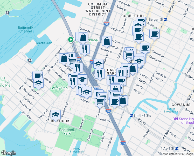 map of restaurants, bars, coffee shops, grocery stores, and more near 215 Hamilton Avenue in Brooklyn