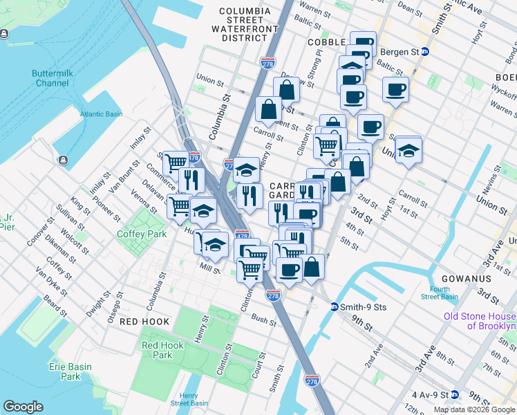 map of restaurants, bars, coffee shops, grocery stores, and more near 15 4th Place in Brooklyn