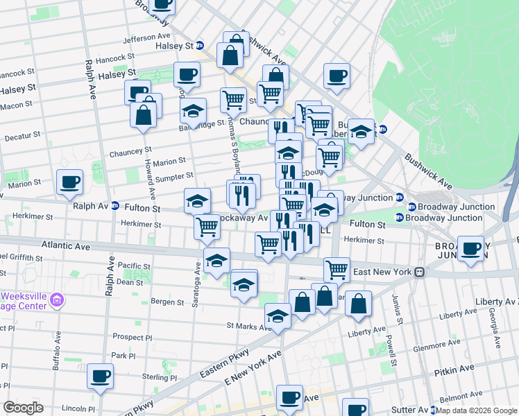 map of restaurants, bars, coffee shops, grocery stores, and more near 27 Somers Street in Brooklyn
