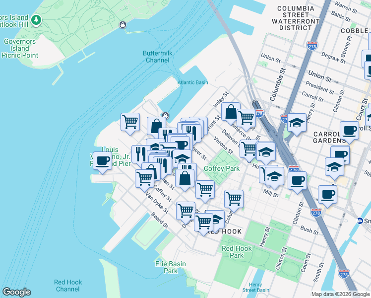 map of restaurants, bars, coffee shops, grocery stores, and more near 332 Van Brunt Street in Brooklyn