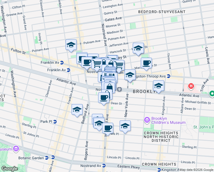 map of restaurants, bars, coffee shops, grocery stores, and more near 1237 Atlantic Avenue in Brooklyn