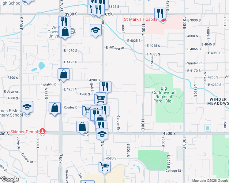 map of restaurants, bars, coffee shops, grocery stores, and more near 960 East Sagehill Drive in Millcreek