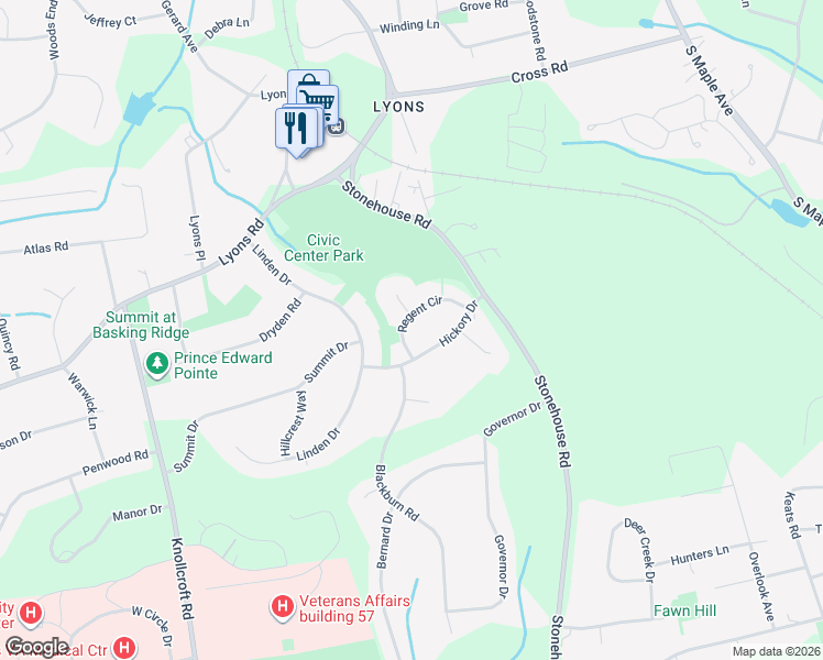 map of restaurants, bars, coffee shops, grocery stores, and more near 30 Regent Circle in Basking Ridge