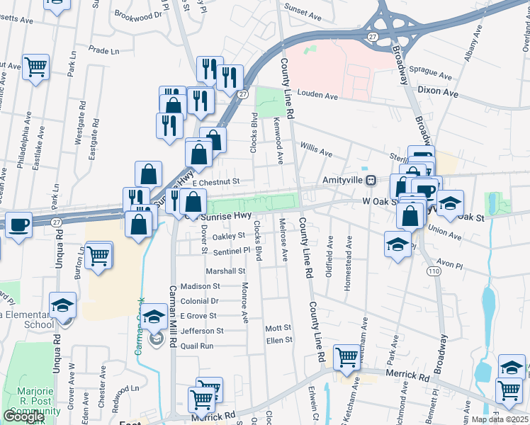 map of restaurants, bars, coffee shops, grocery stores, and more near 5720 Old Sunrise Highway in Massapequa