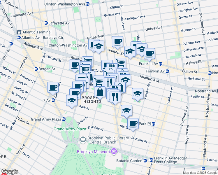 map of restaurants, bars, coffee shops, grocery stores, and more near 737 Bergen Street in Brooklyn