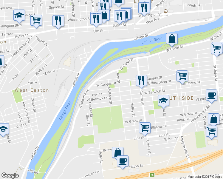map of restaurants, bars, coffee shops, grocery stores, and more near 938 West Wilkes Barre Street in Easton