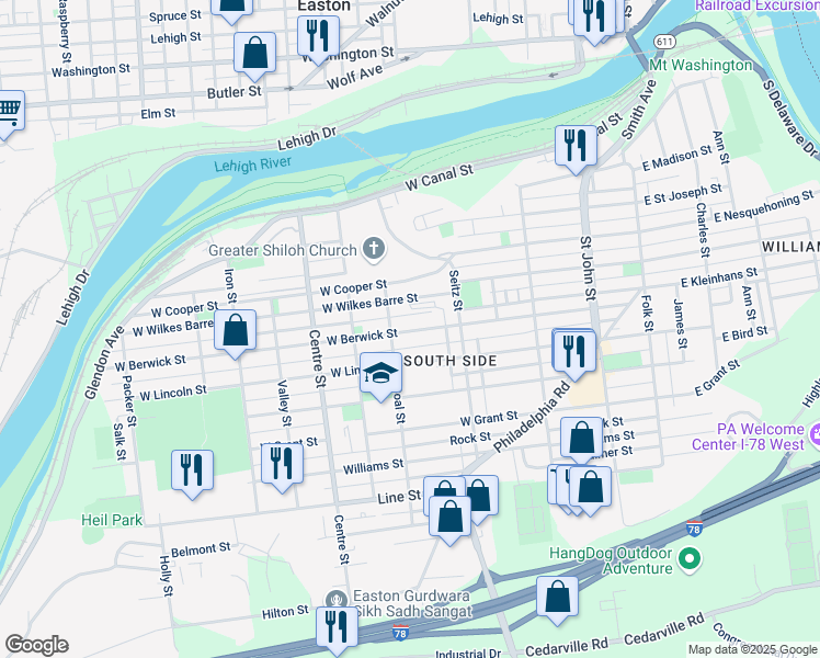 map of restaurants, bars, coffee shops, grocery stores, and more near 469 West Berwick Street in Easton
