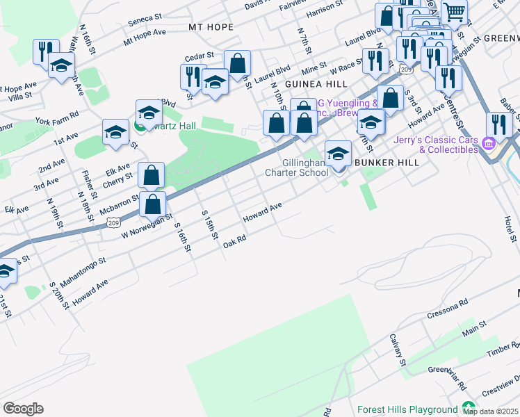 map of restaurants, bars, coffee shops, grocery stores, and more near 1310 Howard Avenue in Pottsville