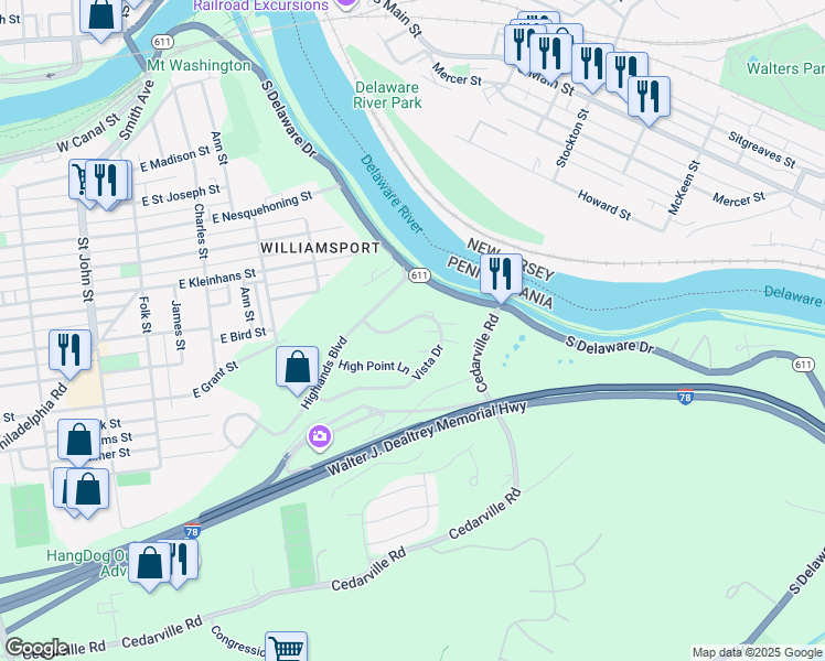 map of restaurants, bars, coffee shops, grocery stores, and more near 135 Vista Drive in Easton