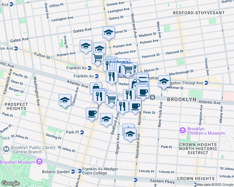 map of restaurants, bars, coffee shops, grocery stores, and more near Atlantic Ave & Bedford Ave in Brooklyn