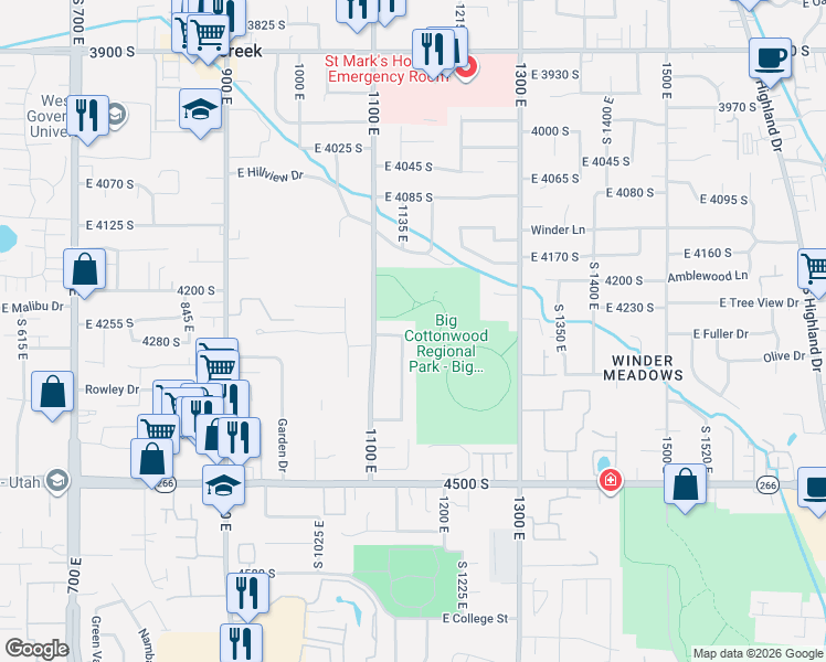 map of restaurants, bars, coffee shops, grocery stores, and more near 4281 South 1140 East in Millcreek