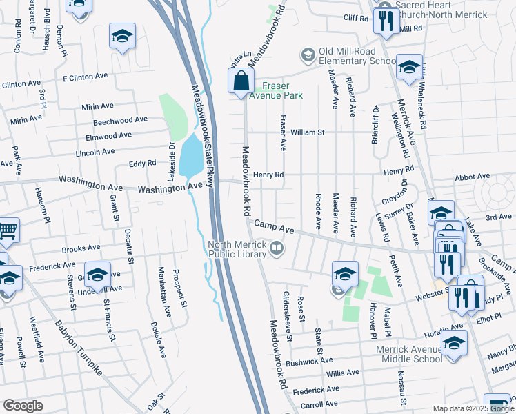 map of restaurants, bars, coffee shops, grocery stores, and more near 16 Northridge Avenue in North Merrick