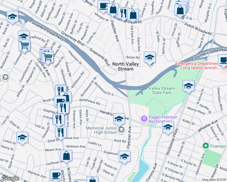 map of restaurants, bars, coffee shops, grocery stores, and more near 12 Birchwood Drive South in Valley Stream