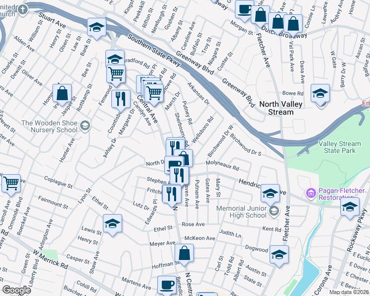 map of restaurants, bars, coffee shops, grocery stores, and more near 395 Sherbourne Road in Valley Stream