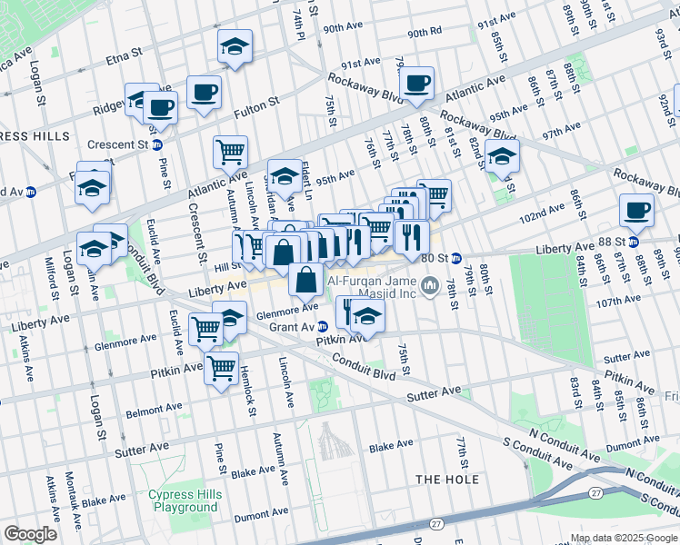 map of restaurants, bars, coffee shops, grocery stores, and more near 190 Forbell Street in Brooklyn