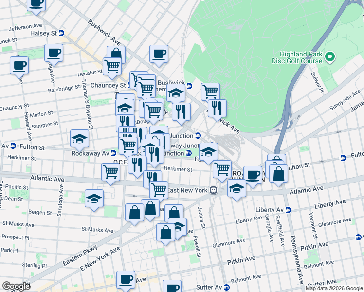map of restaurants, bars, coffee shops, grocery stores, and more near 81 Truxton Street in Brooklyn