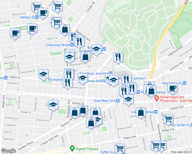 map of restaurants, bars, coffee shops, grocery stores, and more near 81 Truxton Street in Brooklyn