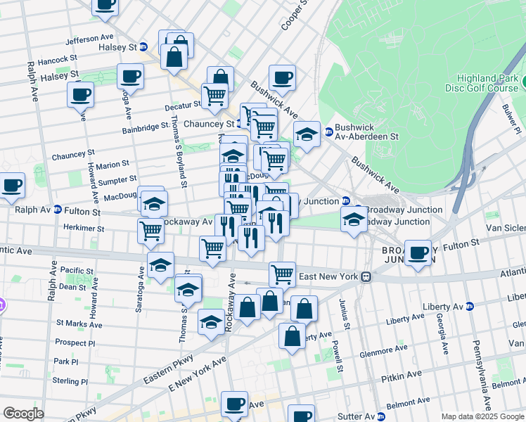 map of restaurants, bars, coffee shops, grocery stores, and more near 2083 Fulton Street in Brooklyn