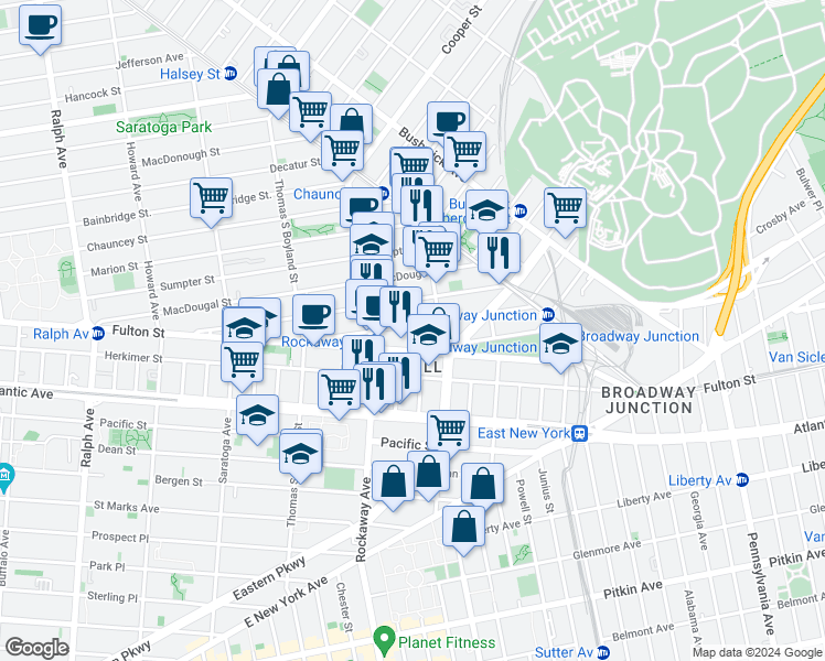 map of restaurants, bars, coffee shops, grocery stores, and more near 2083 Fulton Street in Brooklyn