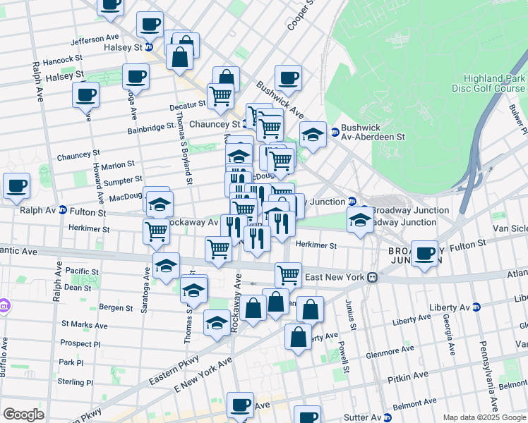 map of restaurants, bars, coffee shops, grocery stores, and more near 2083 Fulton Street in Brooklyn