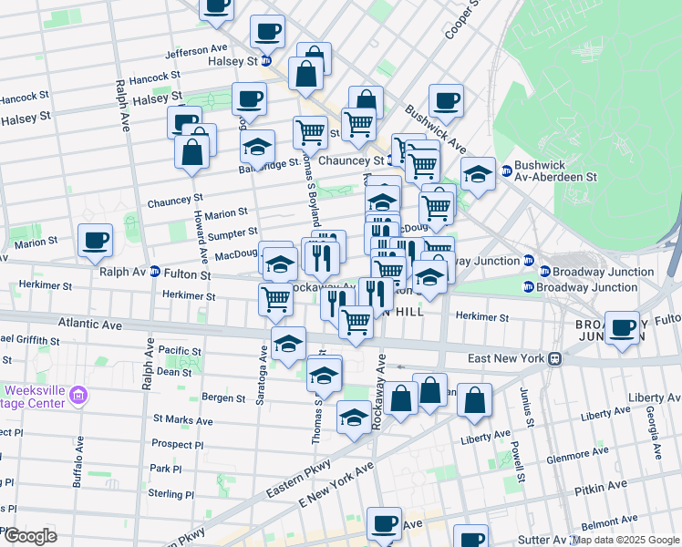 map of restaurants, bars, coffee shops, grocery stores, and more near 27 Somers Street in Brooklyn