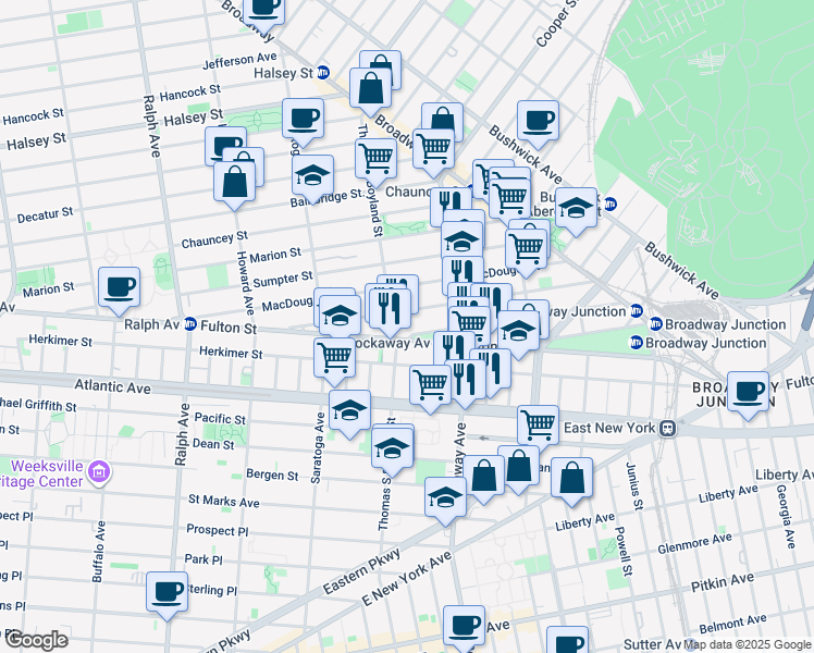 map of restaurants, bars, coffee shops, grocery stores, and more near 27 Somers Street in Brooklyn