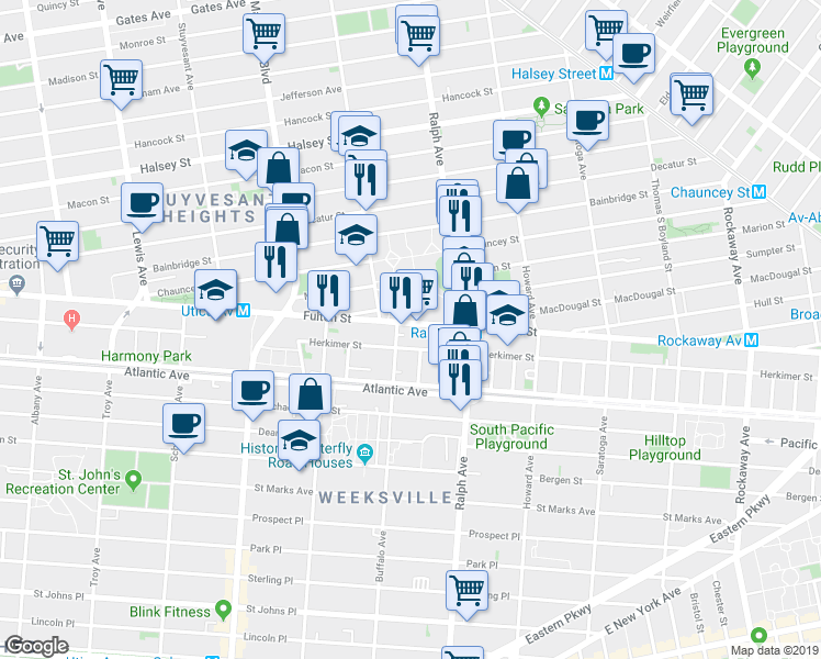 map of restaurants, bars, coffee shops, grocery stores, and more near 869 Herkimer Street in Brooklyn
