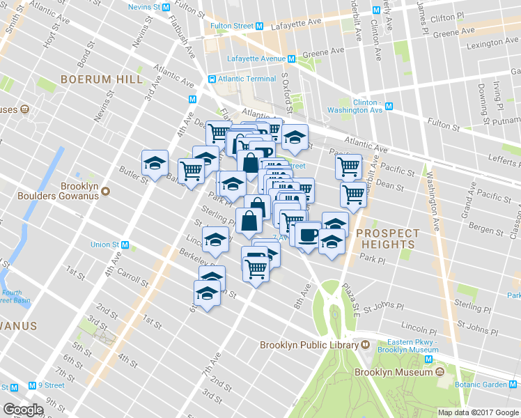 map of restaurants, bars, coffee shops, grocery stores, and more near 114 Prospect Place in Brooklyn